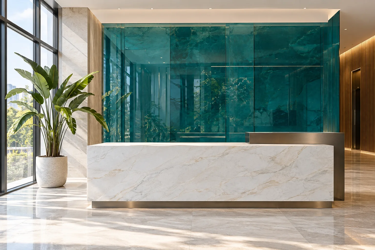A bright advisory studio reception with a white stone counter and teal glass.